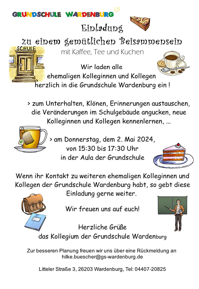 Einladung an alle ehemaligen Kollegen und Kolleginnen der Grundschule Wardenburg